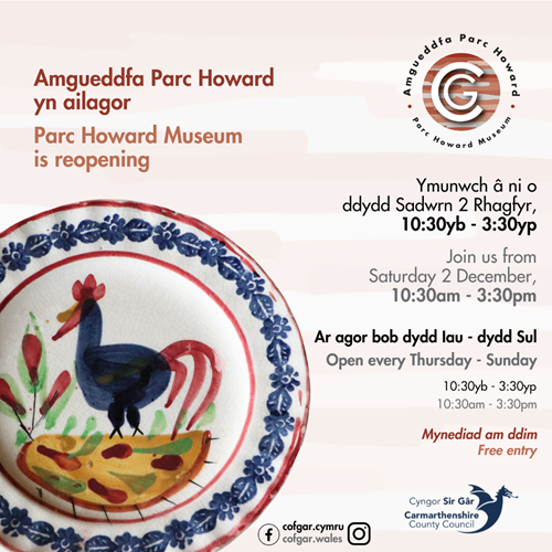 Parc Howard is Reopening - cockerel pattern Llanelly Pottery plate on CofGar branded background